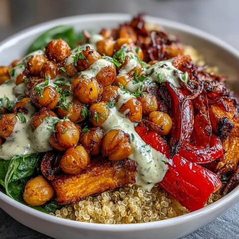 Crispy roasted chickpeas and colorful vegetables top fluffy quinoa in this Roasted Chickpea Power Bowl, finished with creamy tahini dressing.