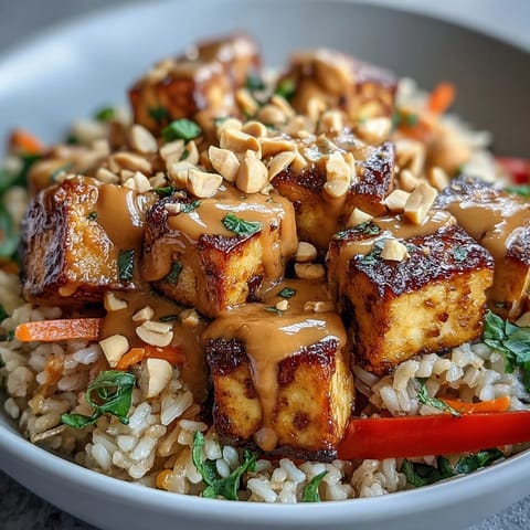 A vibrant Peanut Tofu Power Bowl with crispy tofu, colorful vegetables, and creamy peanut sauce drizzled over brown rice.  