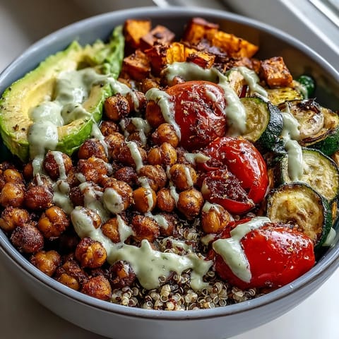 This protein-packed Chickpea Power Bowl features fluffy quinoa, roasted vegetables, and creamy tahini sauce drizzled generously over the top.