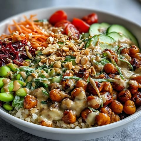 Golden roasted chickpeas shine atop a vibrant Peanut Chickpea Protein Bowl with fresh veggies and lime.