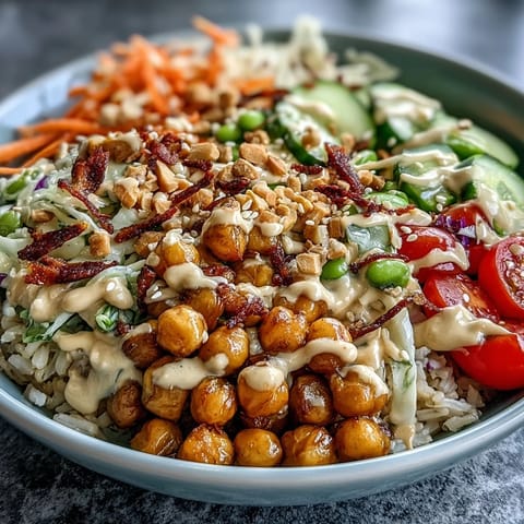 This hearty Peanut Chickpea Protein Bowl features crisp cabbage, carrots, and a creamy peanut sauce drizzle.