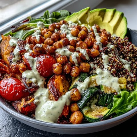 A vibrant Chickpea Power Bowl with roasted sweet potato, red bell pepper, and zucchini, topped with crispy spiced chickpeas and fresh avocado slices.
