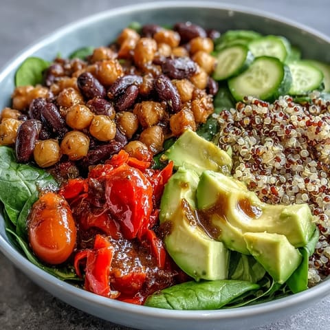 Freshly diced avocado and vibrant cherry tomatoes top the hearty Three-Bean Power Bowl.