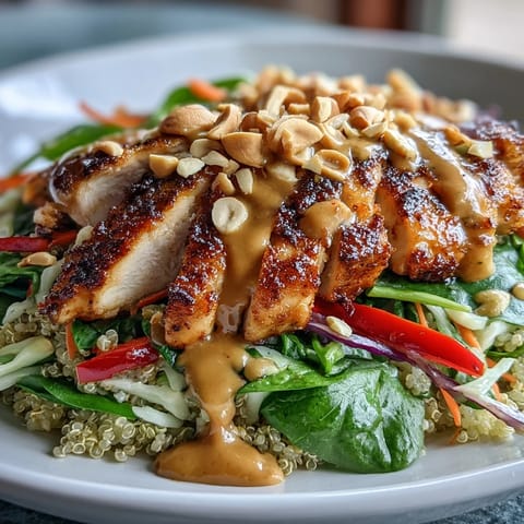 Sliced baked chicken, crisp veggies, and fluffy grains are topped with creamy peanut sauce in this Peanut Chicken Power Bowl, garnished with chopped peanuts and lime wedges.