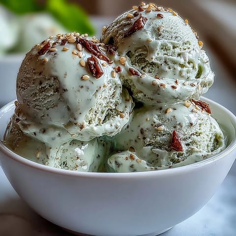 Creamy Hojicha Ice Cream in a ceramic bowl topped with toasted sesame seeds and a mochi piece. 