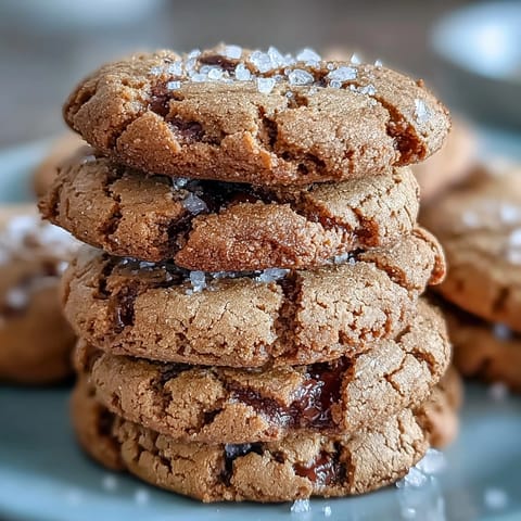 Freshly baked Hojicha Brown Butter Cookies on a wire rack, sprinkled with flaky sea salt and displaying golden edges.