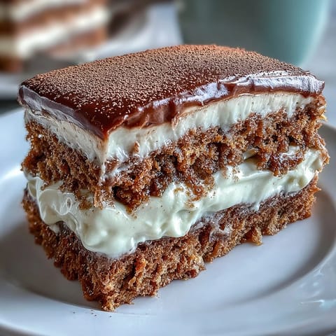 Fluffy Hojicha Cake layered with silky whipped cream on a white plate, ready to slice.