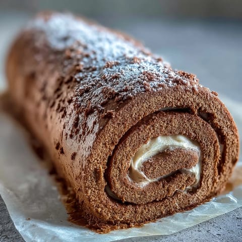 Elegant hojicha roll cake with soft sponge, creamy roasted green tea filling, and fresh mango slices.  