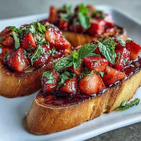 Fresh Strawberry Bruschetta with Balsamic and Mint, toasted baguette topped with juicy strawberries, mint, and tangy balsamic glaze for a summer appetizer.