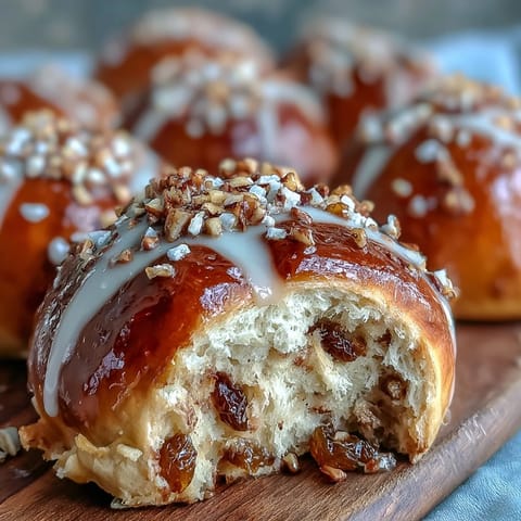 Soft, spiced hot cross buns with dried fruit, topped with a glossy citrus glaze and perfect for spring.  