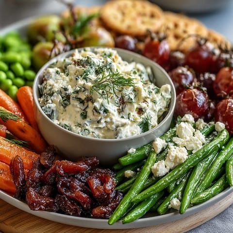 Fresh spring vegetable board with radishes, peas, and creamy herb dip, perfect for light appetizers or entertaining.