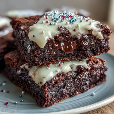 Festive firecracker brownie bites with creamy frosting and patriotic red, white, and blue sprinkles on a white plate.