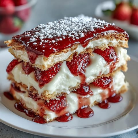 A beautiful layered crepe cake with fresh strawberries and vanilla cream, perfect for a Mother's Day brunch centerpiece.
