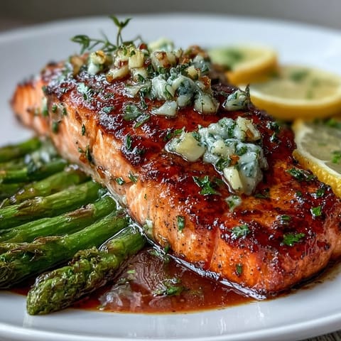 Garlic Butter Salmon with Asparagus sizzling in a skillet, with golden salmon fillets and vibrant green asparagus in a rich garlic butter sauce.