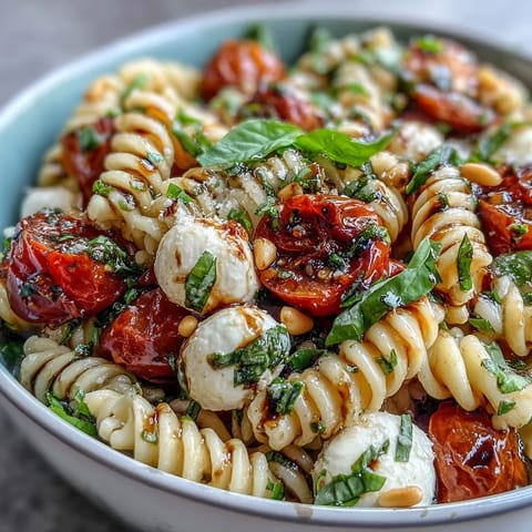 A colorful Caprese pasta salad with cherry tomatoes, mozzarella, and fresh basil in a vibrant summer bowl.