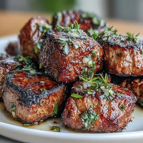 Juicy one-pan garlic herb steak bites sizzling in a cast iron skillet with fresh parsley and thyme.  