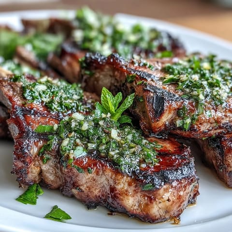 Juicy lamb chops with mint gremolata, grilled to perfection and topped with a fresh herb and lemon zest mix.