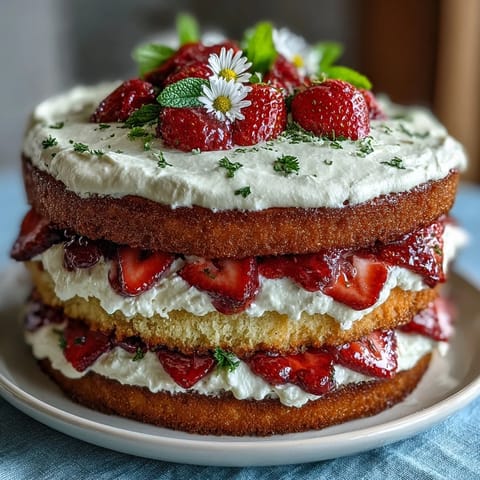Naked spring cake with fresh strawberries and whipped cream, a light and elegant dessert for seasonal celebrations.