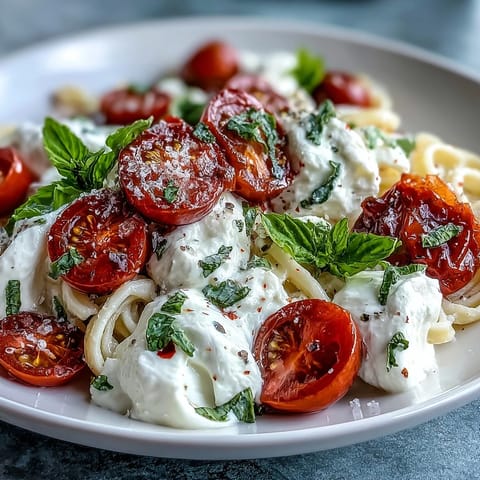 Creamy Caprese Pasta with Burrata cheese, bursting with ripe tomatoes and fresh basil, served in a rustic white bowl.