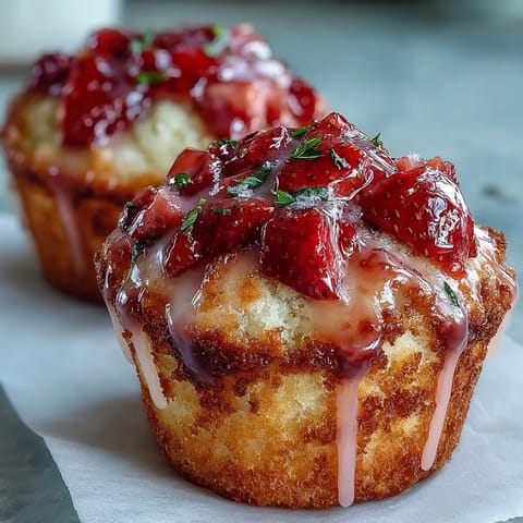Strawberry lemon muffins with glaze: golden, fluffy treats studded with fresh berries and drizzled with bright citrus icing.