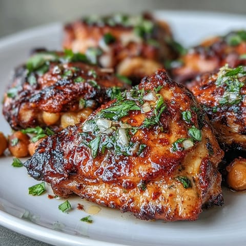 Golden-skinned harissa chicken nestled among roasted red peppers, zucchini, and chickpeas, garnished with fresh herbs.  