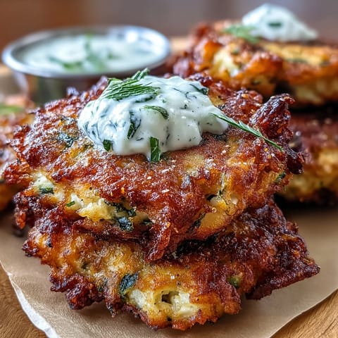 Crispy zucchini fritters with feta, served with a refreshing yogurt mint dipping sauce for a Mediterranean appetizer.  