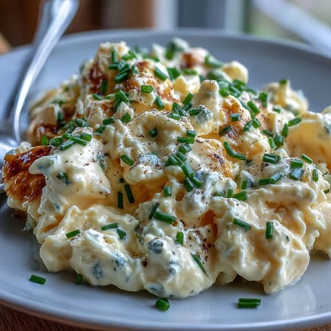 Fluffy scrambled eggs with creamy cottage cheese, garnished with fresh chives for a protein-rich breakfast.