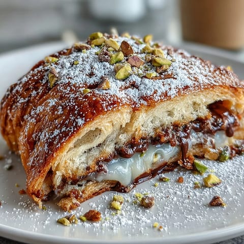 Decadent Dubai Chocolate Pistachio Croissant French Toast, stuffed with rich dark chocolate and topped with crushed pistachios, served warm for a luxurious breakfast treat.