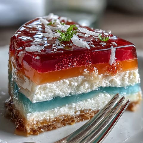 Vibrant rainbow jelly cake with agar-agar and coconut cream, featuring six colorful layers in a glossy, dairy-free dessert perfect for summer parties.