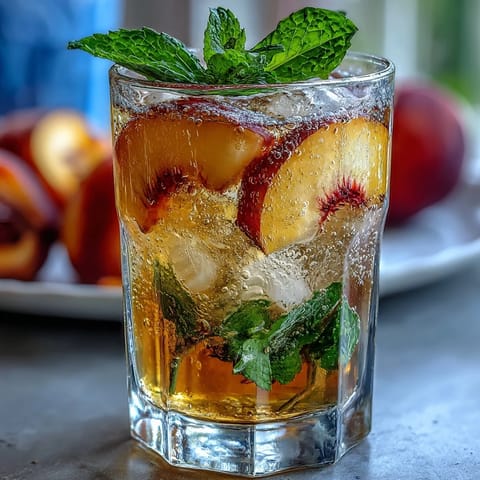 Refreshing iced peach green tea lemonade with vibrant green tea, sweet peach nectar, and tangy lemon juice over ice.  