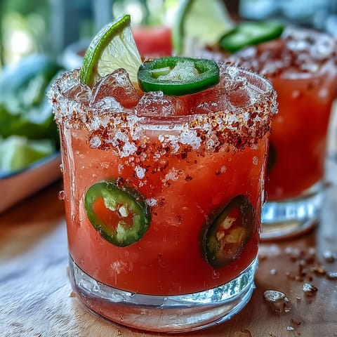 A vibrant Cinco de Mayo Watermelon Jalapeño Margarita Mocktail with juicy watermelon and a subtle spicy kick.