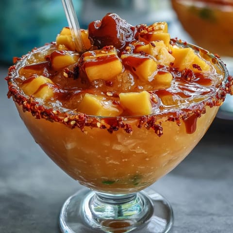 Cinco de Mayo Mangonada Mocktail with chamoy and Tajín rim in a festive cup
