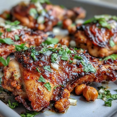 Juicy harissa-marinated chicken thighs roasted with chickpeas and colorful vegetables for a vibrant, spicy traybake meal.  