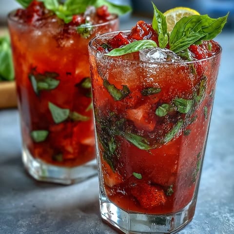 Refreshing strawberry basil mocktail with muddled berries and fresh basil leaves in a chilled glass with ice and sparkling water.  