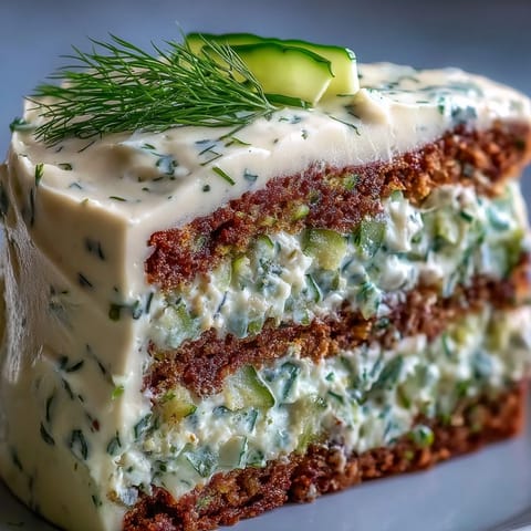 Dill cream frosted Pickle Cake garnished with pickles, perfect party centerpiece.