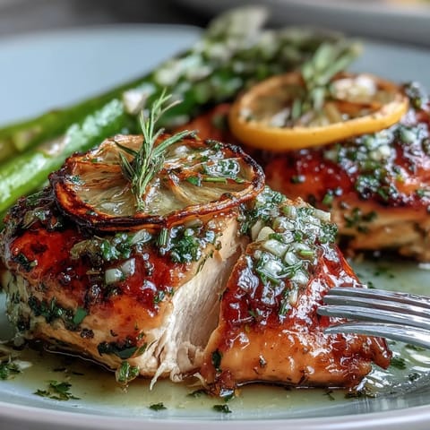 Golden roasted One-Pan Lemon Herb Chicken and Asparagus with vibrant green stalks.