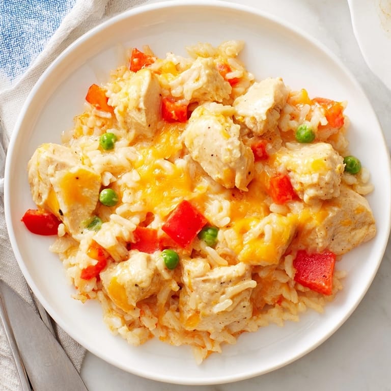 Golden One-Pot Cheesy Chicken and Rice: melted cheese, vibrant peppers, ready to serve.