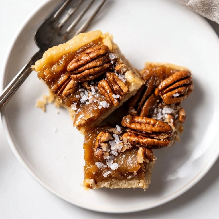 Gooey salted caramel pecan bars with flaky sea salt and toasted pecans for texture.  
