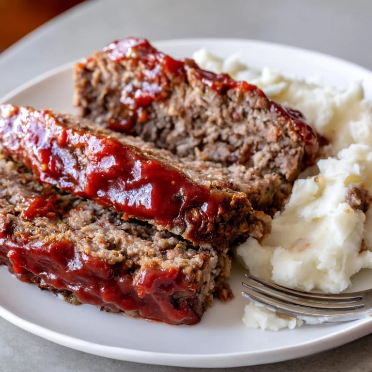 Sliced meatloaf topped with savory glaze beside fluffy mashed potatoes, delicious comfort food.  