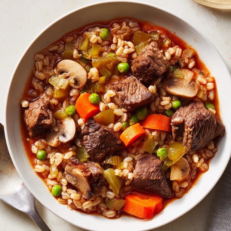 Savory aroma of Slow Cooker Beef and Barley Stew, loaded with tender meat and veggies.  