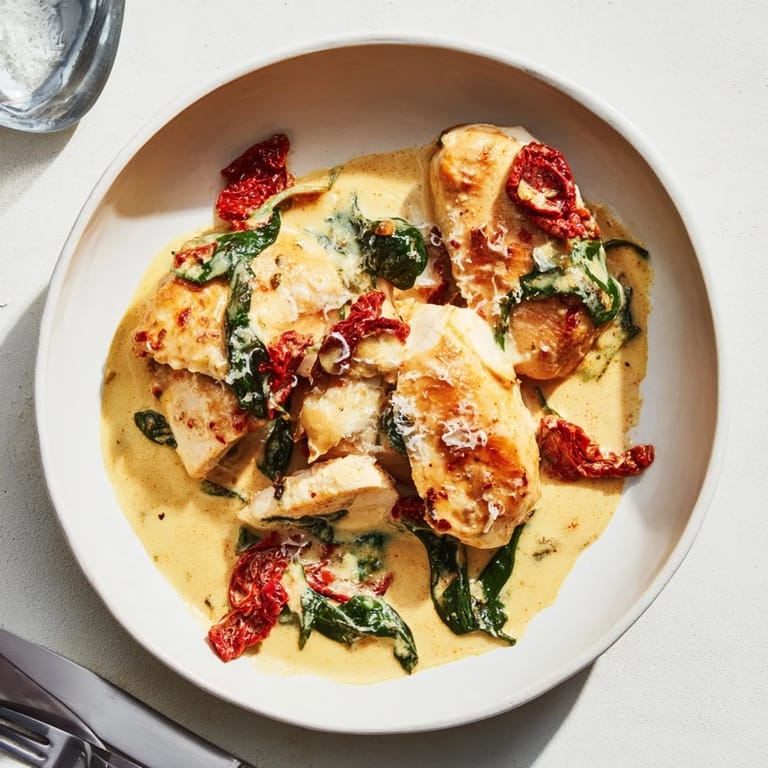 Comforting creamy Tuscan garlic chicken drizzled with Parmesan and vibrant spinach.