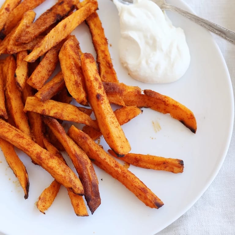 Enjoy golden Baked Sweet Potato Fries, paired with creamy spicy mayo sauce.  