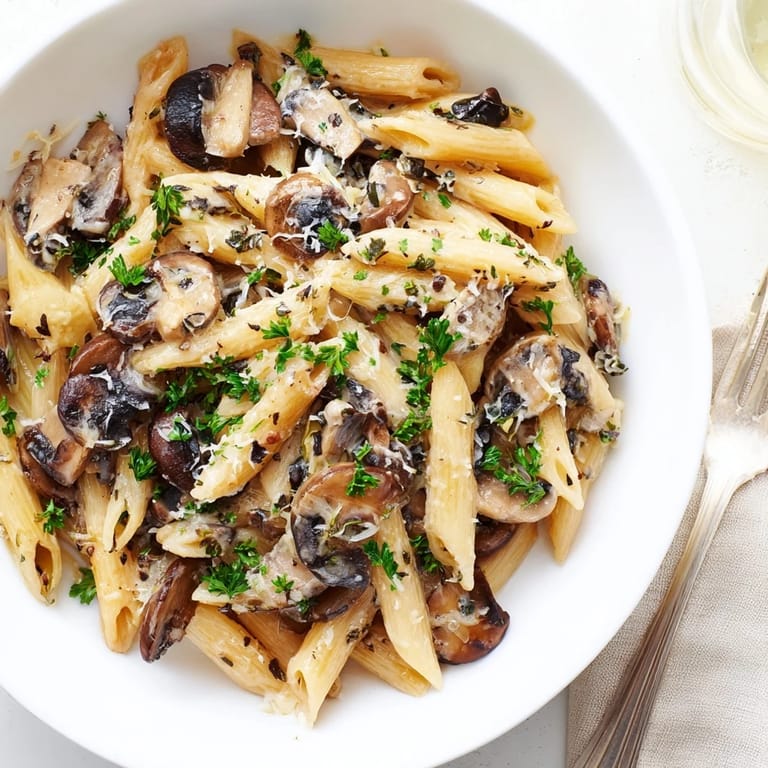 Elegant One-Pot Creamy Mushroom Pasta showcasing earthy flavors and creamy texture, perfect dinner.