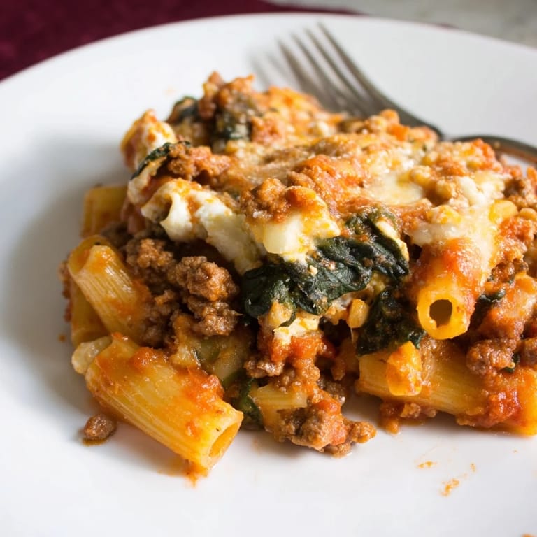 A hearty serving of Baked Ziti with Sausage and Spinach, perfect for family dinners.  