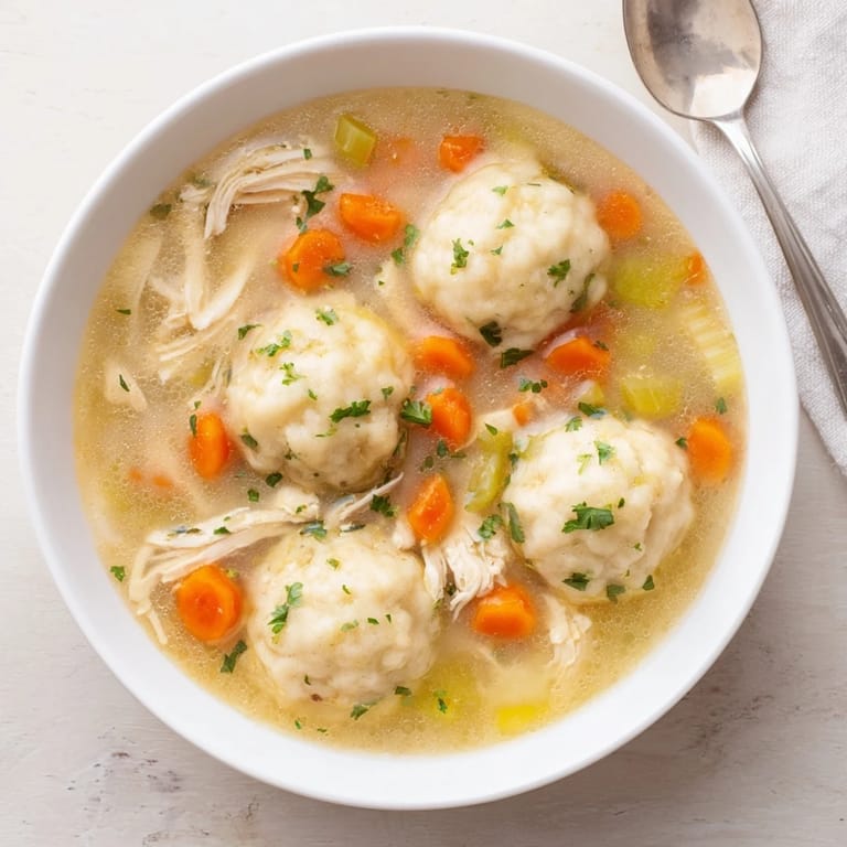 Fluffy dumplings nestle in rich chicken broth of Grandma's Chicken and Dumplings recipe.  