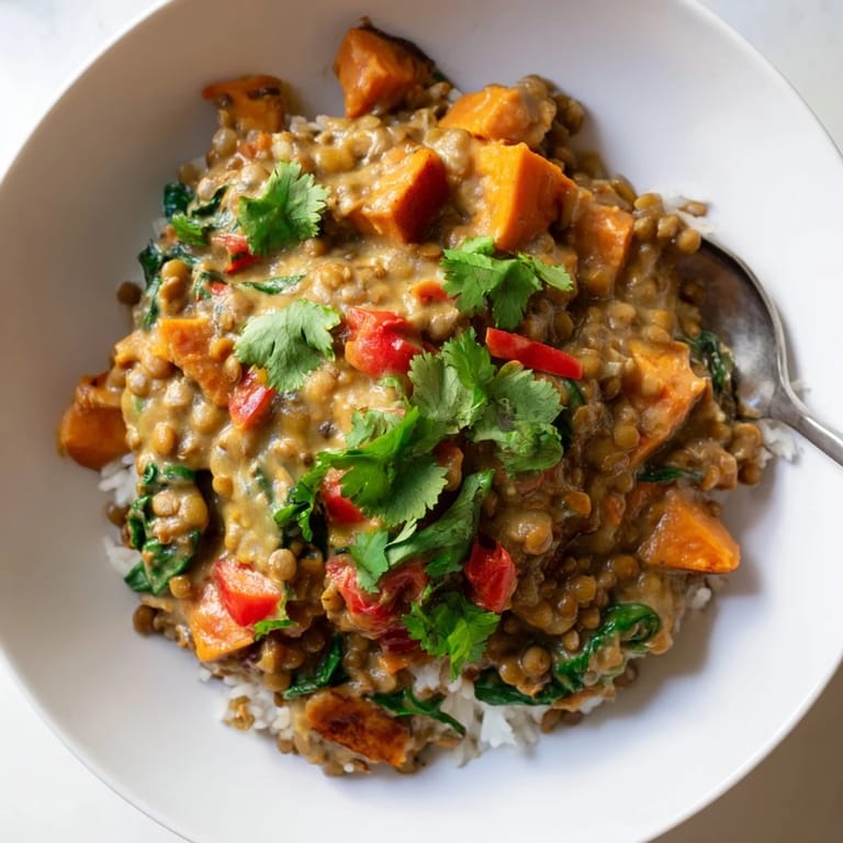 Colorful bowl of hearty lentil and sweet potato curry with fresh cilantro garnish.