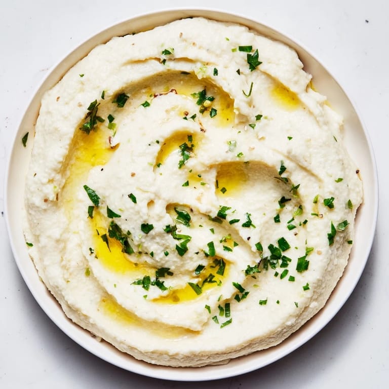 A close-up view of perfectly blended cauliflower mash with fresh herbs and lemon zest.