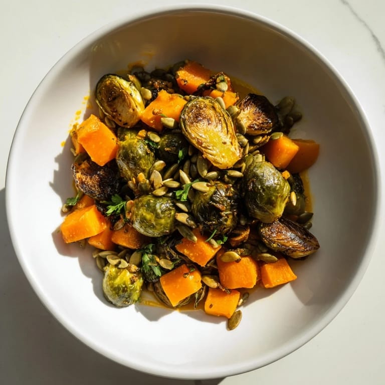 A warm plate of Roasted Brussels Sprouts & Butternut Squash showcasing roasted, tender vegetables on a platter.