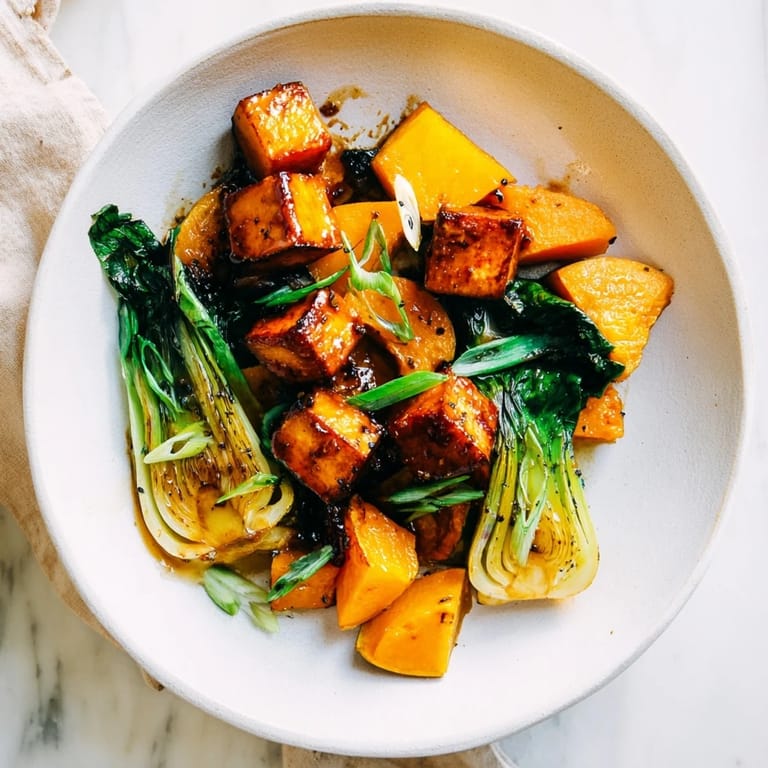 Beautifully plated Miso-Glazed Tofu and Winter Squash, served with tender bok choy, ready to eat.