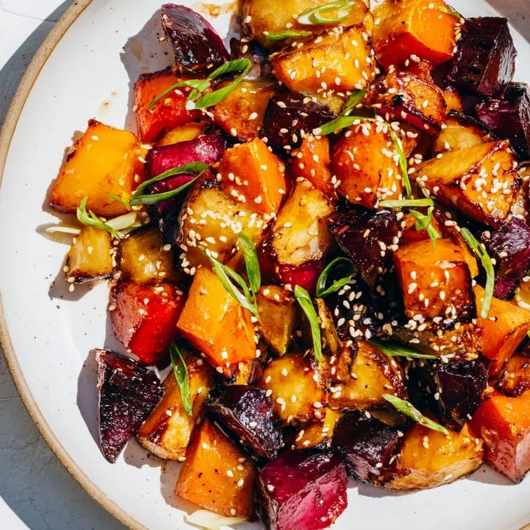 Vibrant image of miso roasted winter vegetables showcasing their savory, glazed appearance, ready to serve.